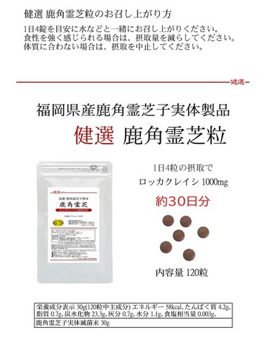 国産 健選 鹿角霊芝粒 -ロッカクレイシ粒- 275mg×120粒 ベータ-グルカン50％含有