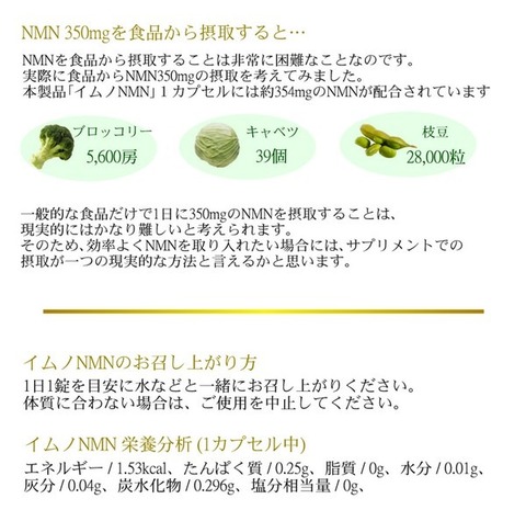 イムノNMN 1日にNMN354mgの補給で約30日相当 正味 NMN 354mg×30カプセル 本製品 NMN 10，639mg 含有 国内製造