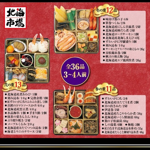 【送料込】流氷市場 北海道のおせち 全36品 3～4人前