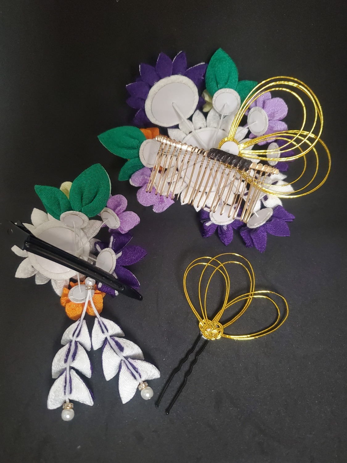 つまみ細工 和装髪飾り つまみ細工 髪飾り【白×金×緑】卒業式 卒業式髪飾り 袴 水引き