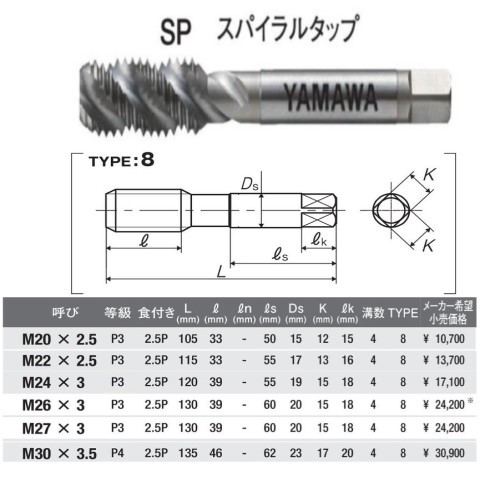 ヤマワ スパイラルタップ N-SP 22x2.5 ＜ 有限会社ミサトマシンツール