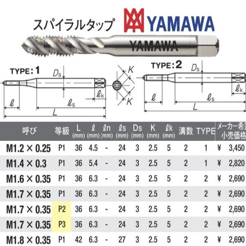 ヤマワ スパイラルタップ N-SP 1.6x0.35 ＜ 有限会社ミサトマシンツール