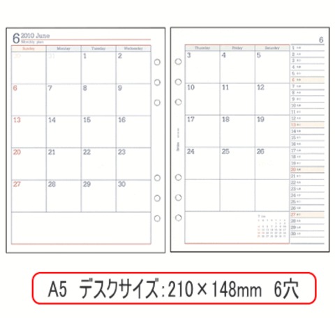 システム手帳リフィル 2020年 A5サイズ 月間ダイアリー4 カレンダータイプ バインデックス