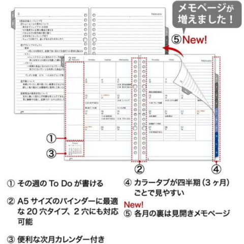 2020年月間ダイアリー タブ付 ルーズリーフリフィル A5サイズ20穴