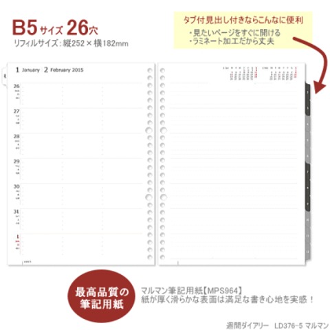 2020年月間+週間ダイアリー タブ付 ルーズリーフリフィル B5サイズ26穴