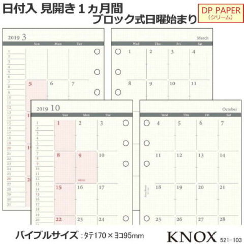 システム手帳 リフィル 2020年 バイブルサイズ 見開き1ヵ月間 ノックス 521-103