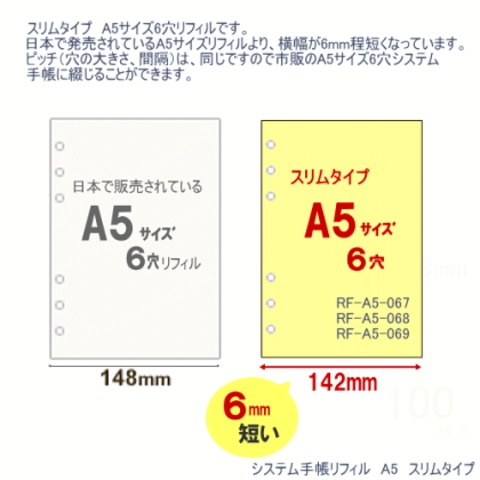 システム手帳リフィル A5サイズ6穴 スリムタイプ 罫線 70枚