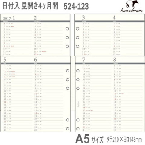 システム手帳 リフィル 2020年 A5サイズ 見開き4ヶ月間 ノックス 524-123