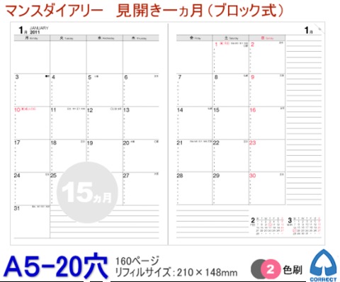 2020年ダイアリー ルーズリーフリフィル A5 20穴 見開き一ヵ月 C-397