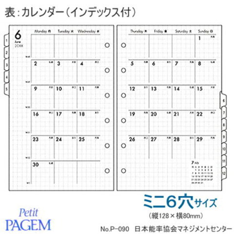 システム手帳リフィル 2020年 月間ダイアリー6 ミニ6穴サイズ 日本能率協会 P-090